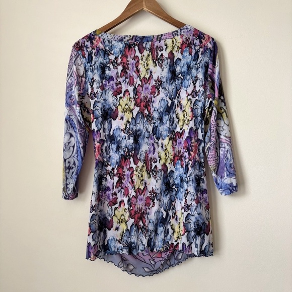 Anac by Kimi Floral Mesh Tunic Large Purple Draped Front - Picture 4 of 7